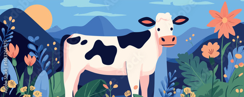 Colorful pastoral scene with a cow in vibrant meadow and mountain background.