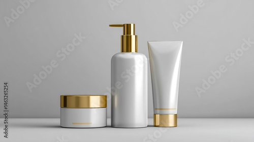 Wallpaper Mural Thin white bottles, a cream tube, and a serum bottle with a golden cap on the table mockup, a cosmetic blank packaging template, on a light grey background. Torontodigital.ca