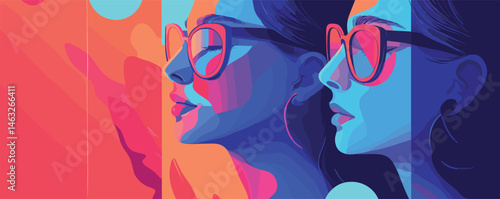Abstract pop art style portrait of a woman in vibrant red and blue tones with glasses.