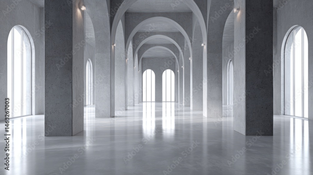 Fototapeta premium Vast minimalist concrete hall with towering columns and luminous arched windows, architectural symmetry