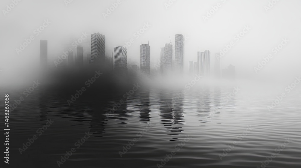 Obraz premium Misty skyline of a modern city reflected in calm waters at dawn creating an atmospheric view