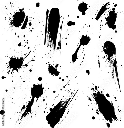 Grunge Ink Splatters and Brush Strokes Collection, Abstract Black Paint Texture Set