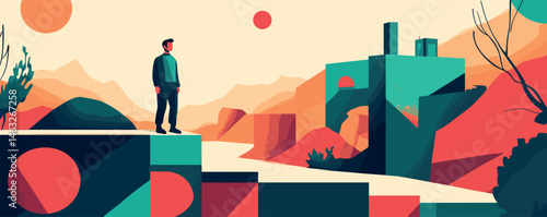 Abstract landscape with male figure at overlook in vibrant geometric scenery.