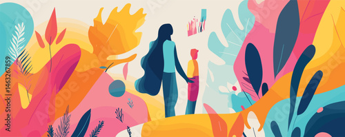 Mother and child walking in vibrant abstract nature scene with colorful leaves.