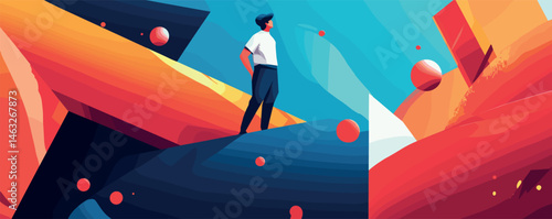 Man standing on abstract geometric landscape with vibrant colors and spheres.