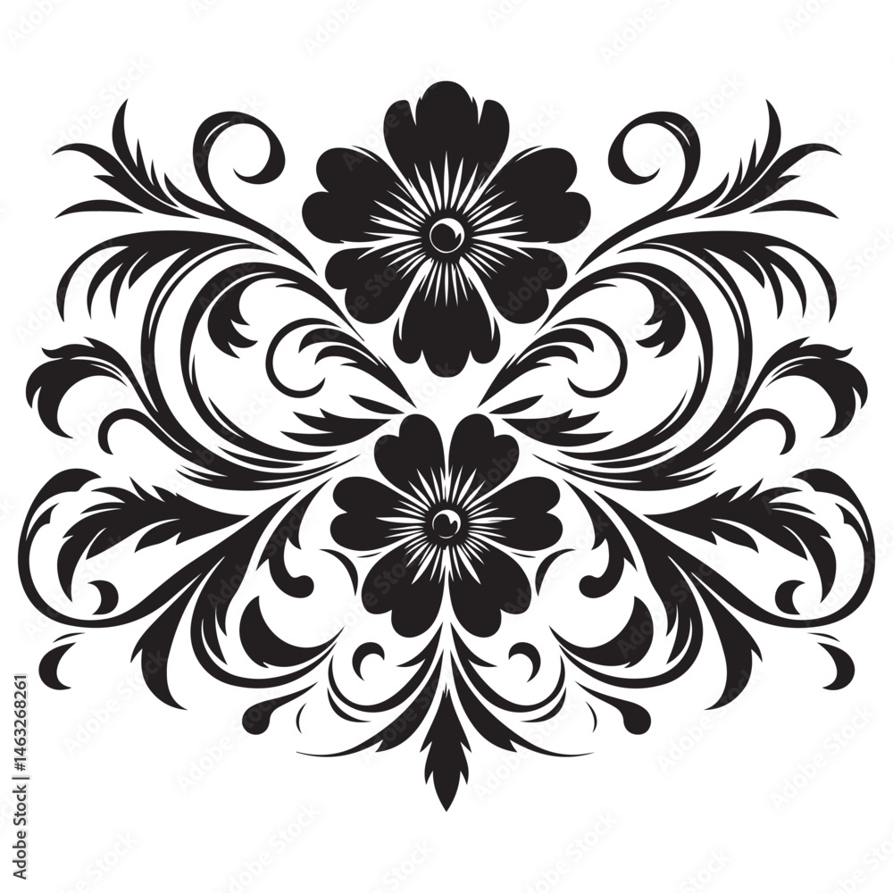 Fototapeta premium Elegant Black Floral Vector Design with Ornamental Swirls and Detailed Decorative Flowers for Invitations, Tattoos, and Graphic Artwork