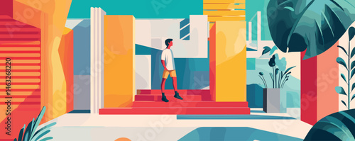 Colorful modern architecture with abstract design and man walking outside.