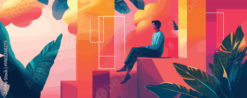 Man sitting on abstract geometric blocks surrounded by colorful foliage.