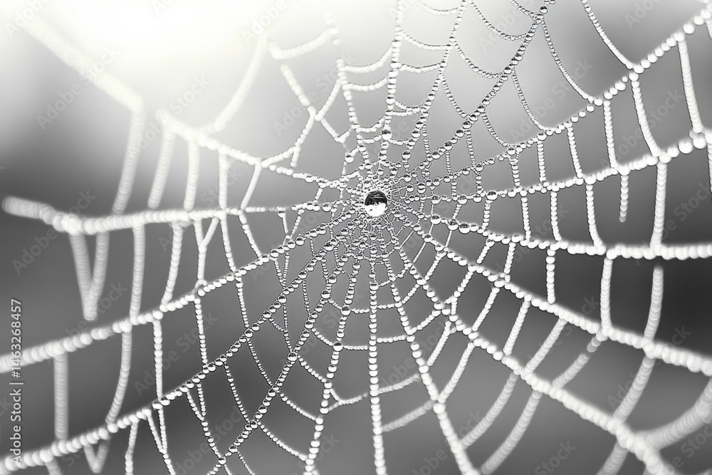 Naklejka premium Water droplets clinging to a spider web, glistening in the sunlight.