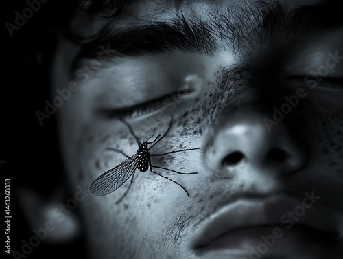 Close-up of a person's face with a mosquito on it.  Dark, moody, and unsettling
