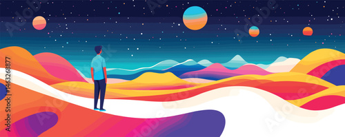 Man gazes at colorful sci-fi landscape with stellar skies and planets.