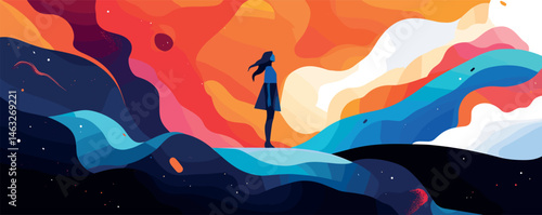 Woman in abstract landscape with vibrant colors and wave patterns.