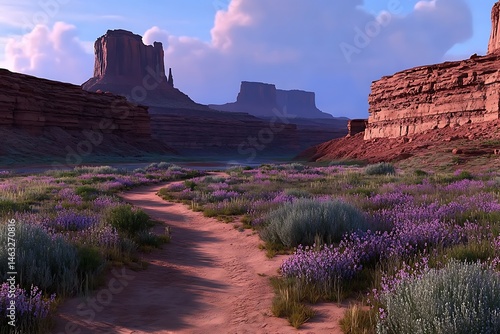 Scenic Desert Trail with Blooming Purple Flowers and Majestic Sandstone Cliffs at Sunset