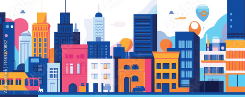 Colorful urban skyline with modern buildings and transport in vibrant cityscape.