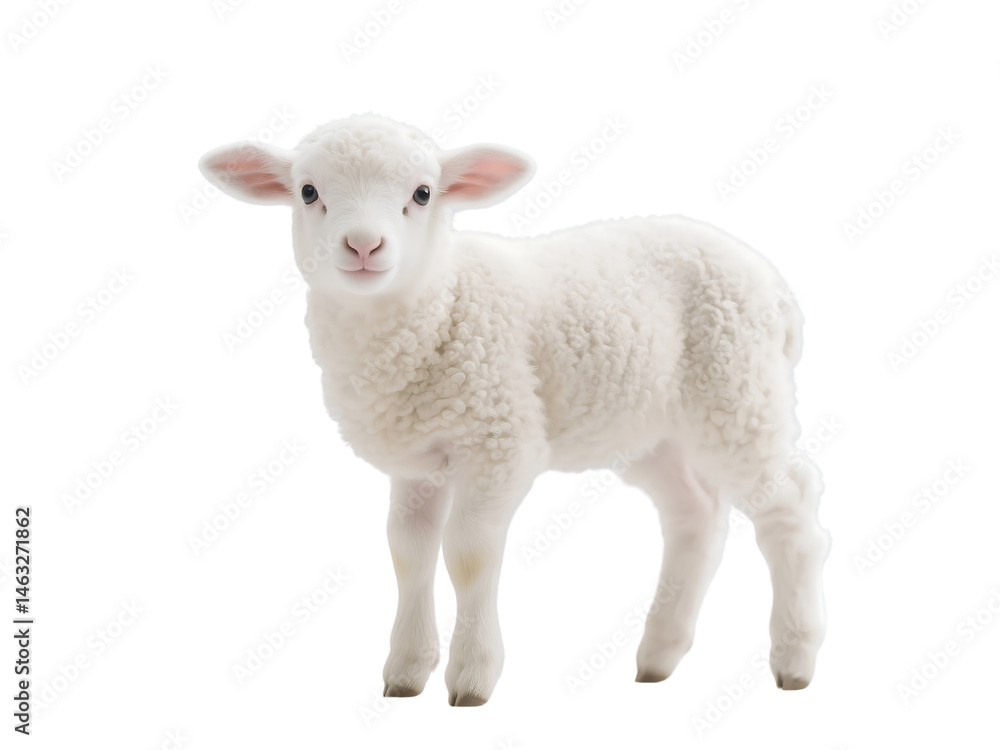 Fototapeta premium Adorable White Lamb Standing Isolated on Black Background