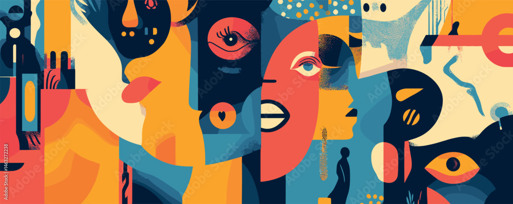 Abstract geometric art with vibrant colors and faces in cubist style. Abstract geometric art with vibrant colors and faces in cubist style.