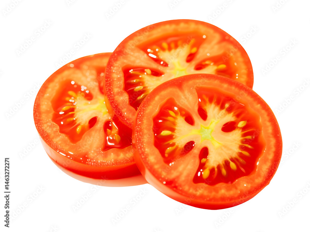 Three Slices of Juicy Red Tomato on Black Background Three Slices of Juicy Red Tomato on Black Background