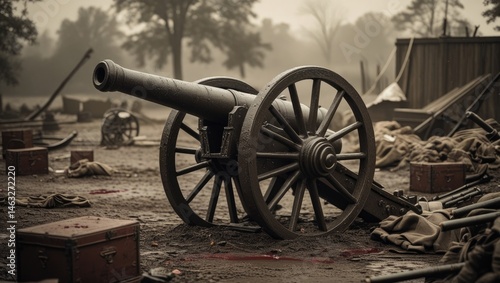 Civil War Battlefield Cannon Scene, Vintage Rusty Weaponry Photography, Gritty Historical War Relic Image
