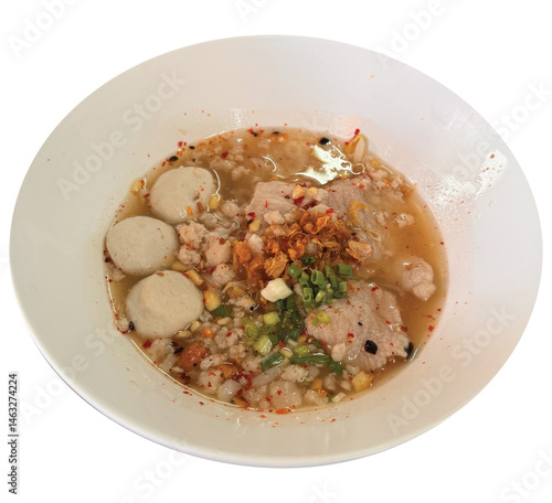 Die cut a bowl of spicy noodles with pork and pork balls on transparent background for Thai street food, restaurant, menu, recipe, cuisine, food delivery, lunch, dinner, cook book, Asian dish, print