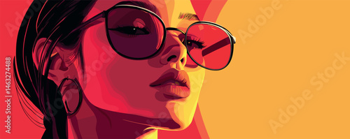 Vibrant art of woman in sunglasses with bold colors and stylish accessories.