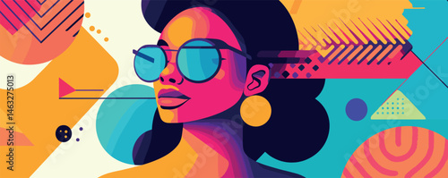 Vibrant abstract portrait of stylish woman in sunglasses with geometric patterns.