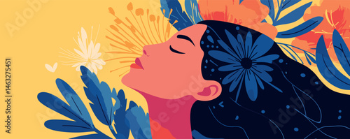 Peaceful woman surrounded by flowers: colorful floral and nature illustration.