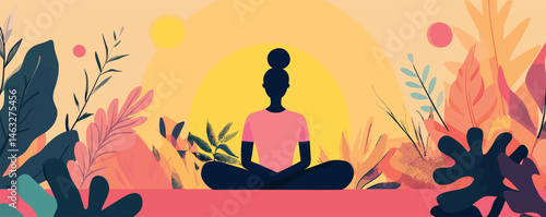Woman meditating in nature surrounded by colorful leaves and sunlight.