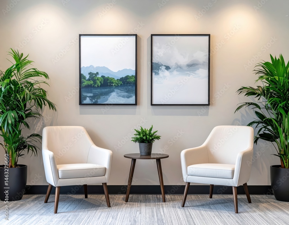 Fototapeta premium Modern Minimalist Living Room with Armchairs and Artwork in a Tranquil Color Palette