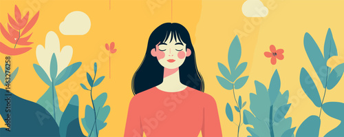 Tranquil woman meditating in colorful garden with abundant greenery and flowers.