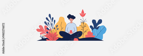Person meditating amidst colorful nature-themed background with illustrative plants.
