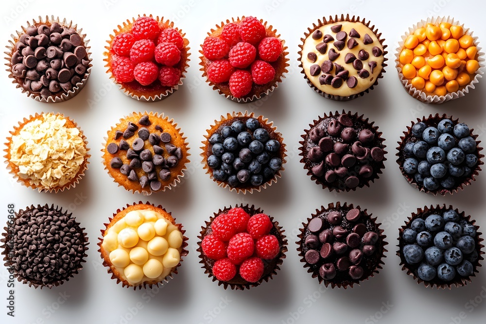 Fototapeta premium Twelve Deliciously Decorated Cupcakes with Various Toppings