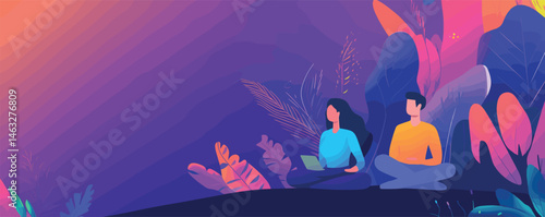 Abstract nature scene with two seated figures in vibrant colors surrounded by exotic plants.