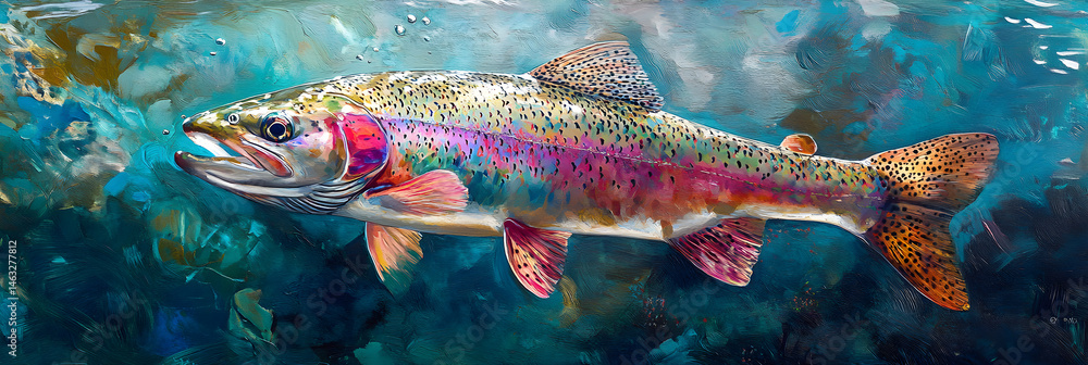 Fototapeta premium Vibrant Rainbow Trout Swimming in Pristine Waters with Iridescent Colors and Signature Markings Captured Elegantly
