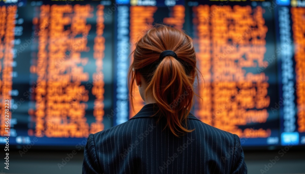 Obraz premium Passenger checking flight information at airport digital board displaying flight status nighttime professional viewpoint travel insights