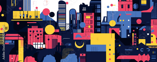Vibrant abstract cityscape with geometric shapes and bold colors.