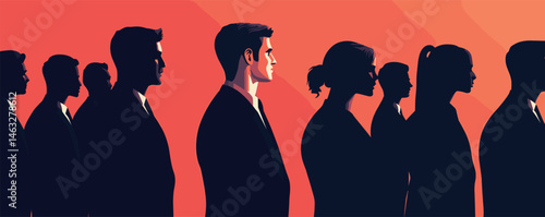 Diverse group of businesspeople in silhouette on gradient background.