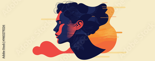 Abstract portrait of a woman in profile with colorful background elements and artistic design.