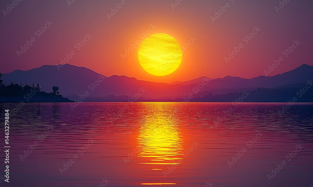 Naklejka premium Vibrant Sunset Over a Calm Lake with Mountain Silhouettes