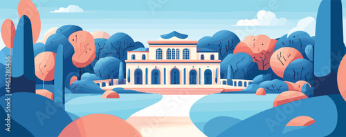 Elegant neoclassical building in scenic park with autumn foliage and clear sky.