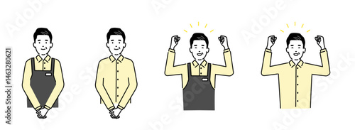 中年男性の働く笑顔、エプロン姿、ベクター素材