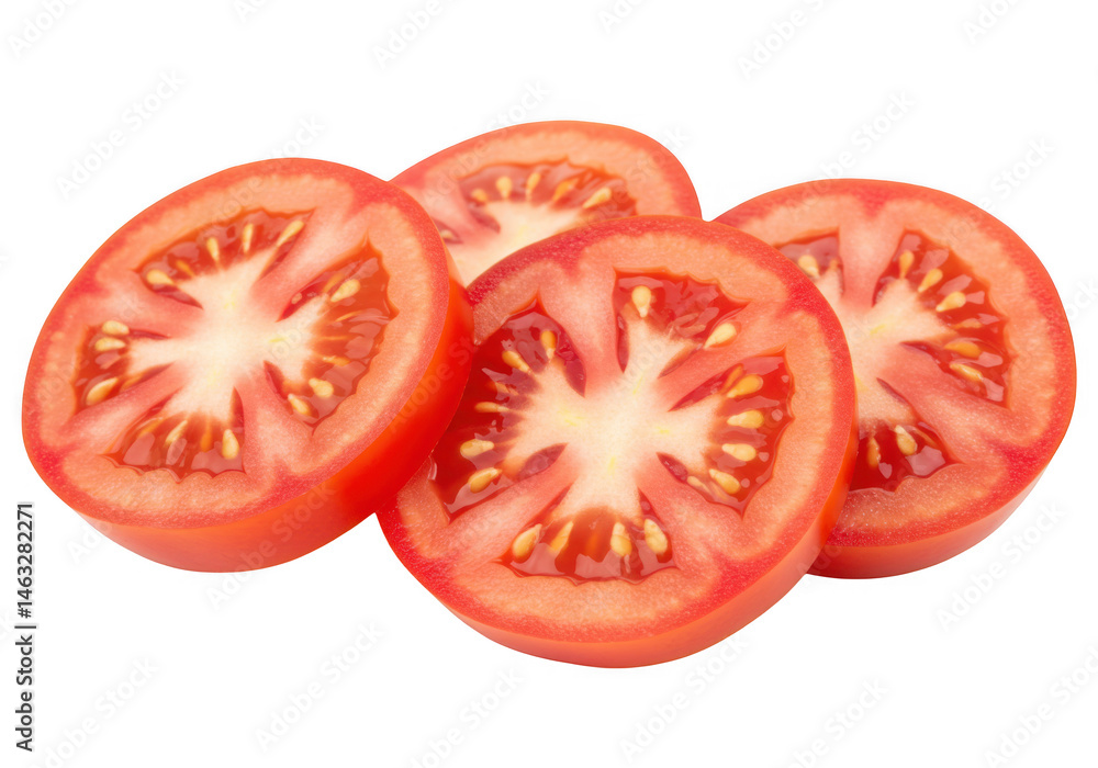 Four tomato slices arranged closely together isolated on transparent background Four tomato slices arranged closely together isolated on transparent background