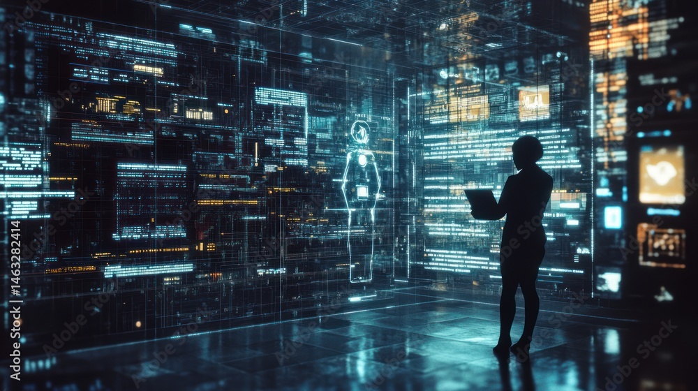 Data insights: Silhouette navigating future interfaces and digital information Data insights: Silhouette navigating future interfaces and digital information