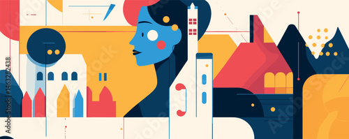 Colorful geometric abstract artwork featuring blue woman's profile with cityscape elements.