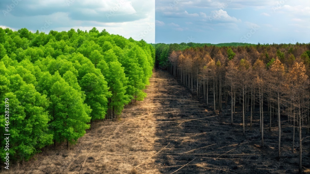 Obraz premium A striking contrast between vibrant green forests and barren, deforested land, highlighting environmental changes and the impact of human activity.