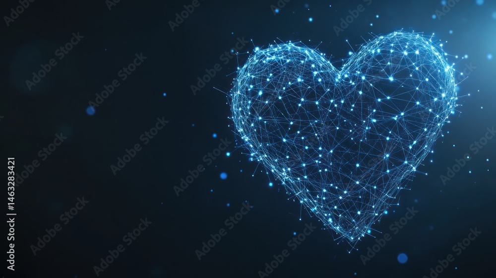 Digital heart shape made of glowing blue connections on dark Digital heart shape made of glowing blue connections on dark
