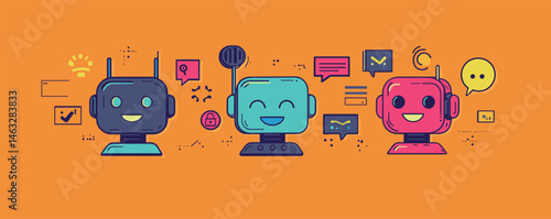 Group of three colorful cartoon robots communicating with chat bubbles on orange background.