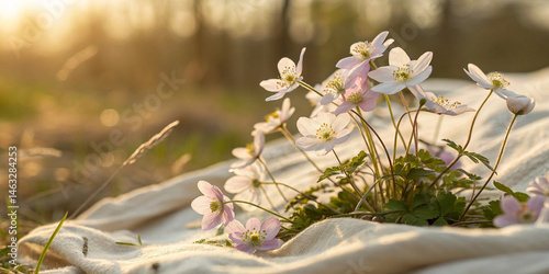 A delicate spread of pastel-toned wildflowers gently resting on cream-colored linen, illuminated by soft morning sunlight, with a shallow depth of field creating a dreamy blur in the background.

