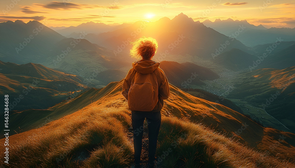 Fototapeta premium Woman Hiker at Sunset Mountain Peak