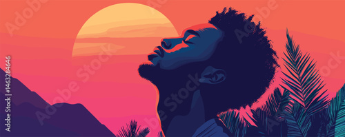 Vibrant sunset silhouette of young man relaxing outdoors with tropical background.