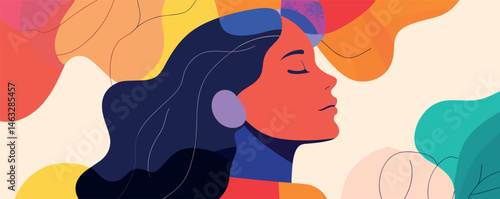 Colorful abstract portrait of woman with long hair and peaceful expression.
